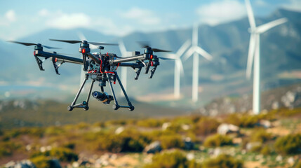 detailed perspective of drone flying in scenic landscape with wind turbines in background, showcasing modern technology in nature