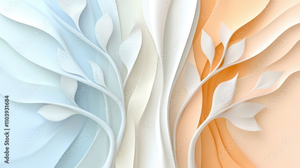 Poster abstract paper art design with soft flowing shapes and leaf patterns in pastel colors