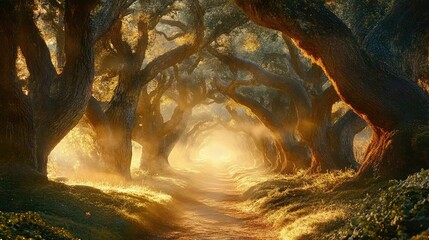 Mysterious pathway with mist and shadows among towering trees