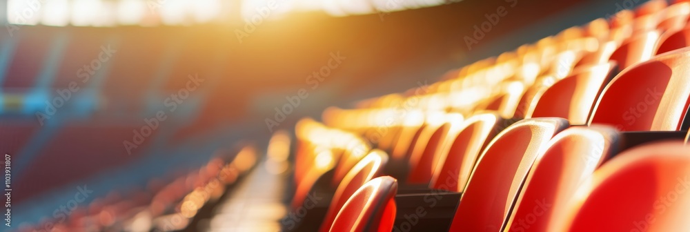 Aufkleber Rows of empty red stadium seats bathed in the warm glow of the setting sun create a tranquil scene of anticipation before the game