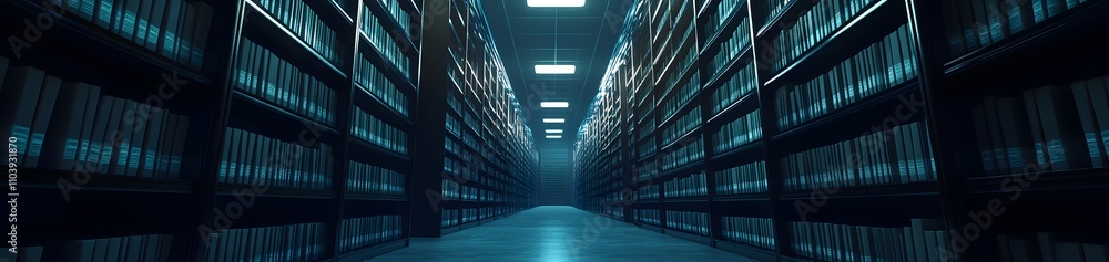 Poster a dimly lit library aisle with shelves filled with books, creating a sense of depth.