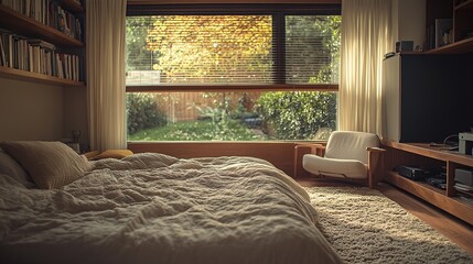 Fototapeta premium Cozy bedroom with a large window showcasing a serene outdoor view.