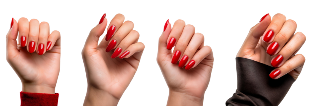 Elegant red manicured nails displayed in various poses on a white isolated background.