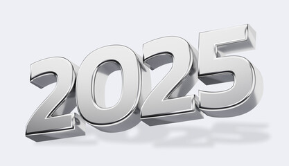 2025 silver numbers. 3D rendering. Happy new year banner design. New Year symbol.