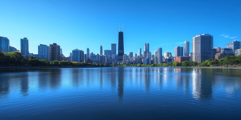 Fototapeta premium Lake, river, wide, city, skyline, light blue sky 16K,HD 