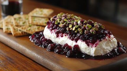 Creamy cheese log topped with cranberry sauce and pistachios, served with crackers.