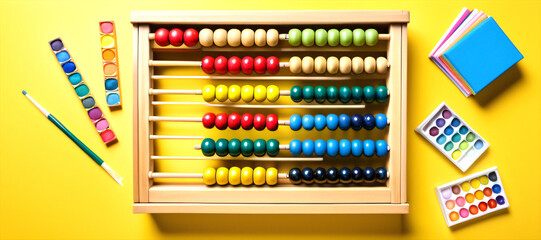 colorful educational scene featuring an abacus, watercolor paints, albums, and vibrant stationery on a bright yellow background suitable for ads.
