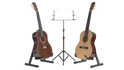 Two acoustic guitars on stands with a music stand in between, ready for practice or performance.