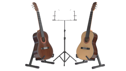 Two acoustic guitars on stands with a music stand in between, ready for practice or performance.