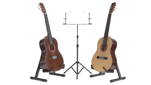 Two acoustic guitars on stands with a music stand in between, ready for practice or performance.