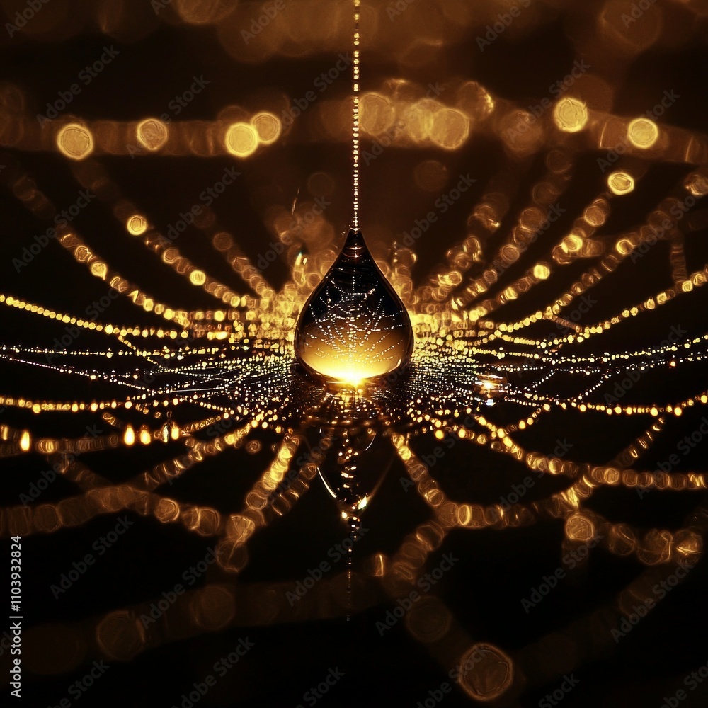 Poster dewdrop rests delicately complex spiderweb showcasing intricate strands glisten softly diffused ligh