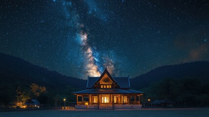Obraz premium A serene night scene of a wooden house under a starry sky, showcasing the Milky Way.