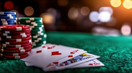 A vibrant poker scene highlights stacked chips and playing cards on a green felt surface, capturing the excitement and tension of card games in a social setting.