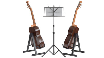Two acoustic guitars on stands with a music stand in between, ready for practice or performance.