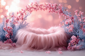 Digital backdrop for newborn, Basket with fur, bokeh, floral backdrop, Composite, Overlay for Photoshop