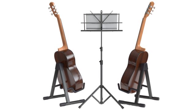 Two acoustic guitars on stands with a music stand in between, ready for practice or performance.
