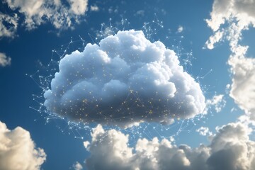 A digital cloud surrounded by a network of connections against a blue sky.