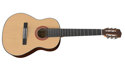 A classical guitar displayed from a side angle, showcasing its wooden body and strings.