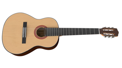 A classical guitar displayed from a side angle, showcasing its wooden body and strings.