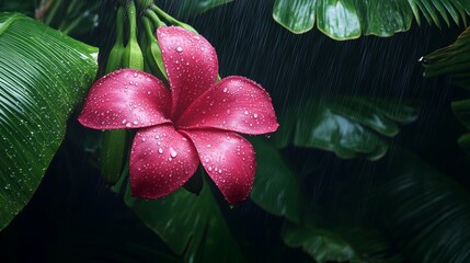 Crimson Plumeria Blooms in the Rain; vibrant petals, glistening with droplets