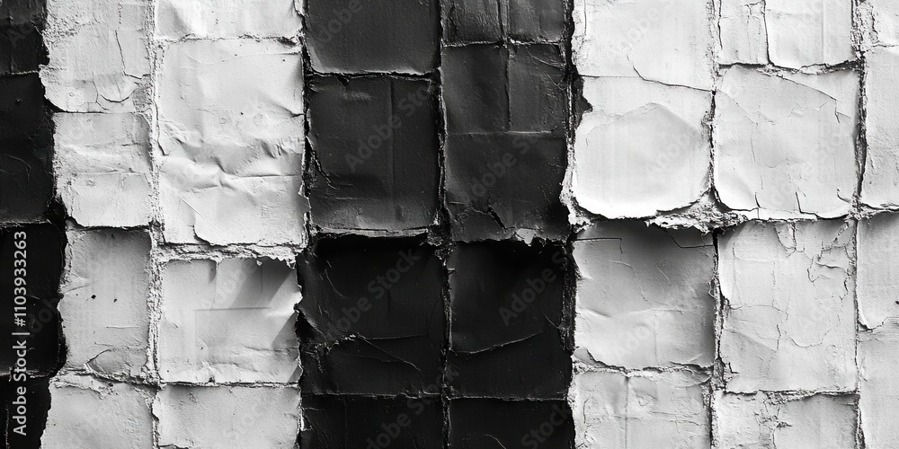 Poster abstract monochrome wall surface with distressed paint texture and square patterns