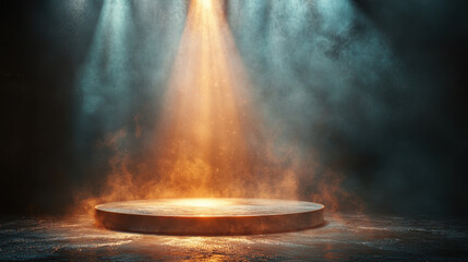 dramatic stage with circular platform illuminated by vibrant beams of light, creating atmospheric effect. scene evokes sense of anticipation and excitement