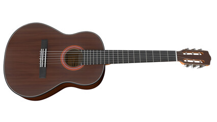 A wooden acoustic guitar with a circular sound hole and six strings, designed for musical...
