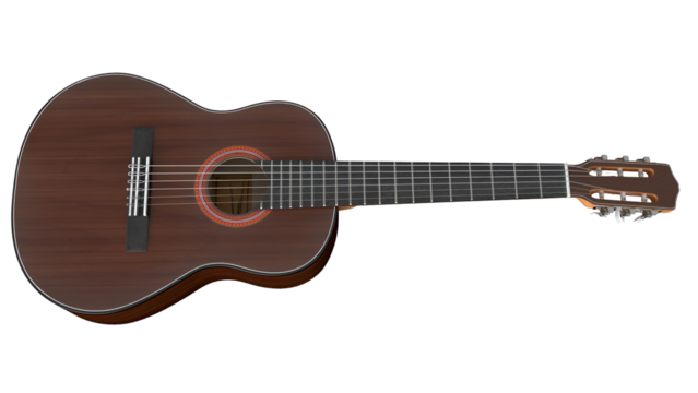 A wooden acoustic guitar with a circular sound hole and six strings, designed for musical performance.