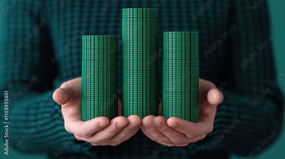 Poster hands holding green stacked bar graph representing financial growth and data analysis