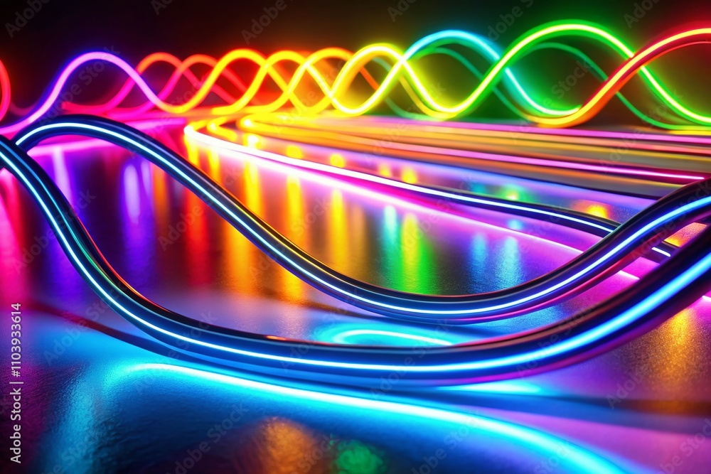 Poster vibrant multicolored neon lights curving and overlapping in a minimalist style, evoking excitement a