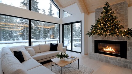 A stylish cabin features a stone fireplace and a fire pit on the deck, surrounded by tall pine trees dusted with snow, creating a serene winter atmosphere