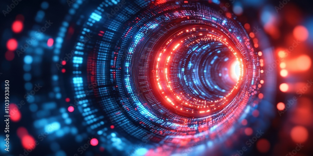 Poster abstract digital tunnel with glowing lights and vibrant data flow in space
