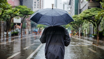 비 오는 거리에서 우산을 쓰고 혼자 걷는 사람의 뒷모습