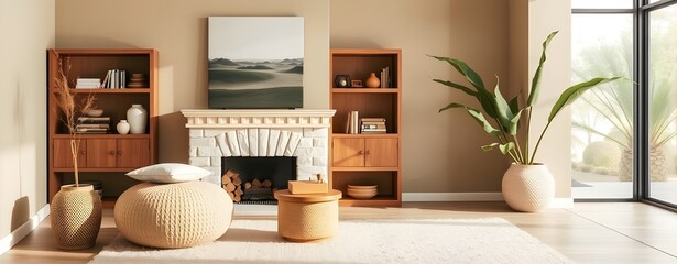 Cozy Living Room with Fireplace: Warm and Inviting Interior with Wooden Furniture and Natural Light.