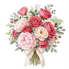 Obraz premium A watercolor bouquet of roses and peonies tied with a ribbon, creating a beautiful and elegant arrangement, peony flowers, watercolor bouquet, floral art