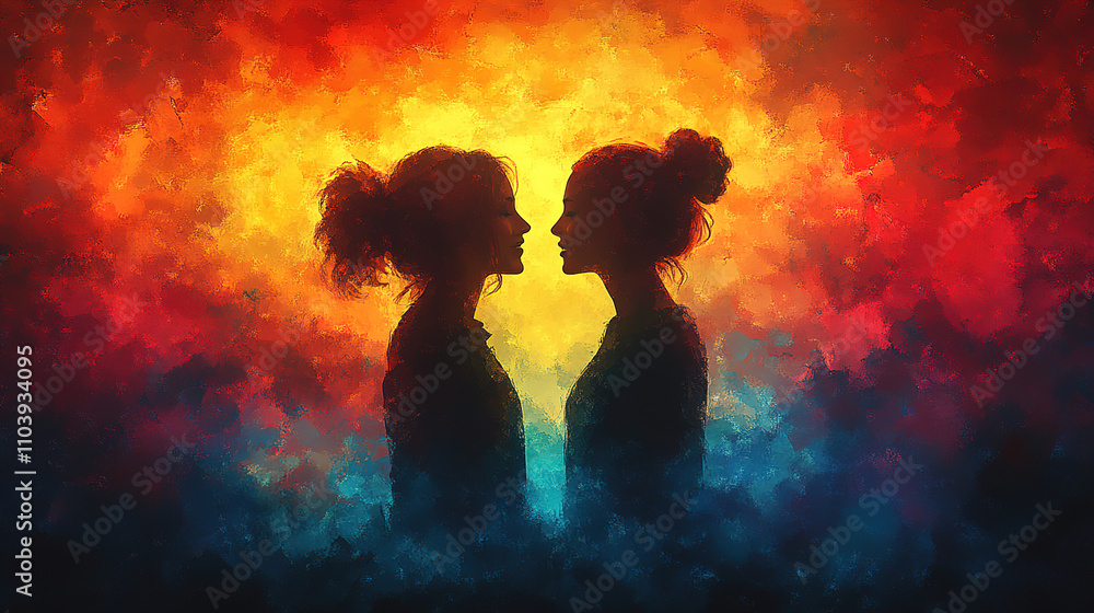 Poster two silhouetted figures against a vibrant abstract background in a moment of connection and reflecti