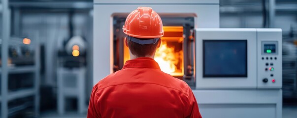 manufacturing concept. Worker operating a 3D printer in industrial setting, additive manufacturing, 3D illustration