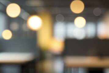 Blurred office lights. Abstract office bokeh; warm lighting suggests comfort, productivity, and a relaxed atmosphere.