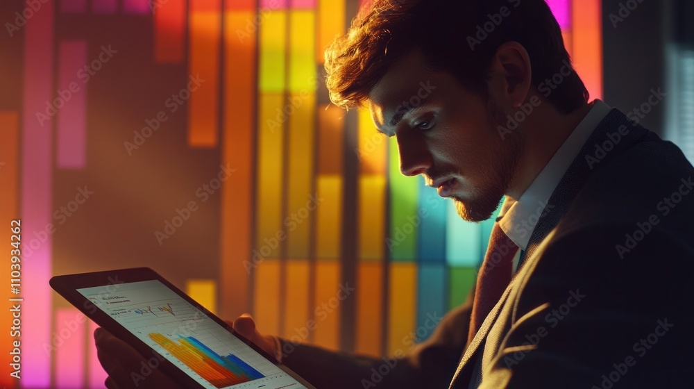Poster businessman analyzing data on a tablet in a colorful setting.