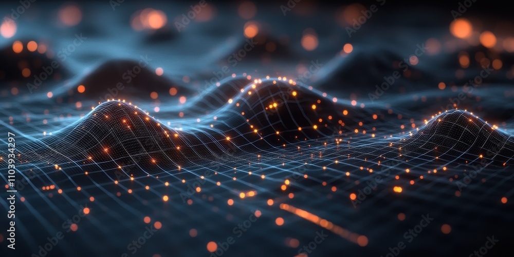 Poster abstract digital landscape with glowing particles and wavy grid background