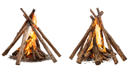 Burning bonfire with firewood, isolated on transparent background