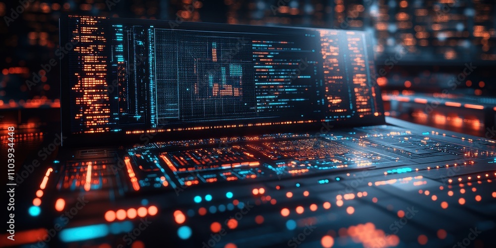 Poster futuristic laptop displaying advanced data visualization in vivid neon colors