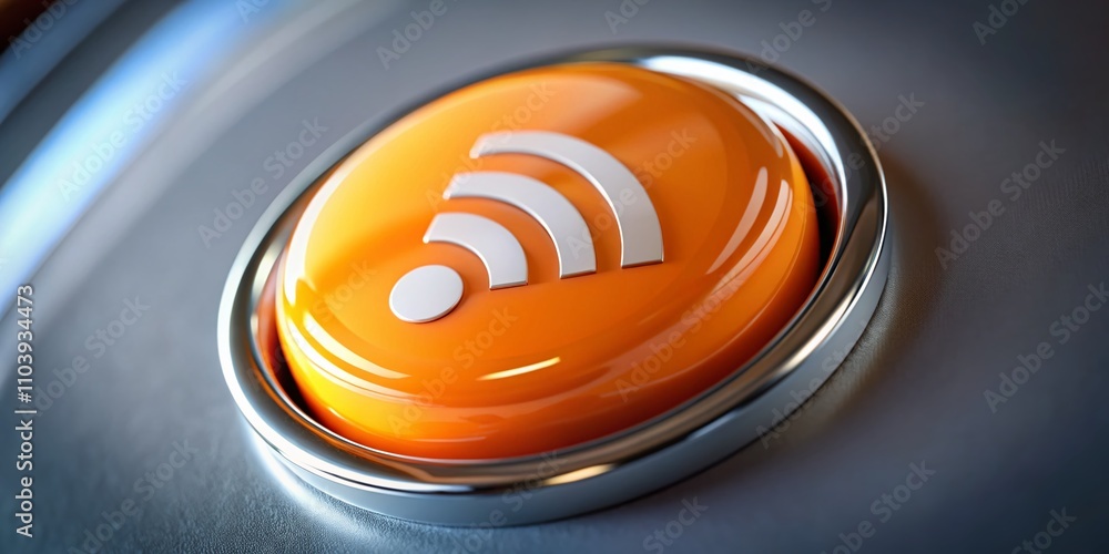 Poster vibrant orange glossy web button featuring prominent rss sign for engaging digital content and moder