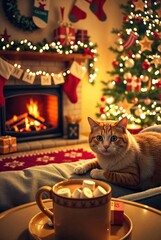 a cozy living room with a Christmas tree, several stockings hanging on the wall above it. There is a cup of hot chocolate with marshmallows on the coffee table. There's a cat sitting on the couch.