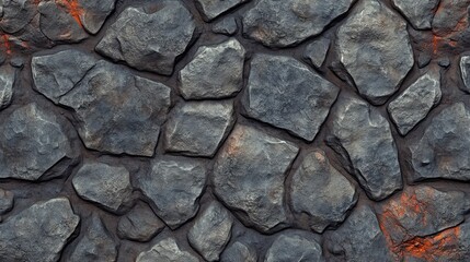 Fototapeta premium Realistic Stone Wall Texture - Natural Grey Rock Pattern with Rugged Details and Orange Accents for Background Texture in Architectural Designs