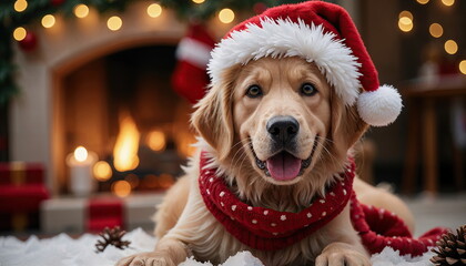 a close-up of a golden retriever dog wearing a red Santa hat and a red scarf around its neck.