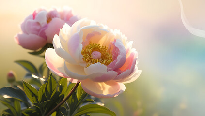 Obraz premium In the morning, beautiful peony flowers glisten with dew drops. The soft pink petals are delicately layered, aesthetic peony flowers Created with generative AI