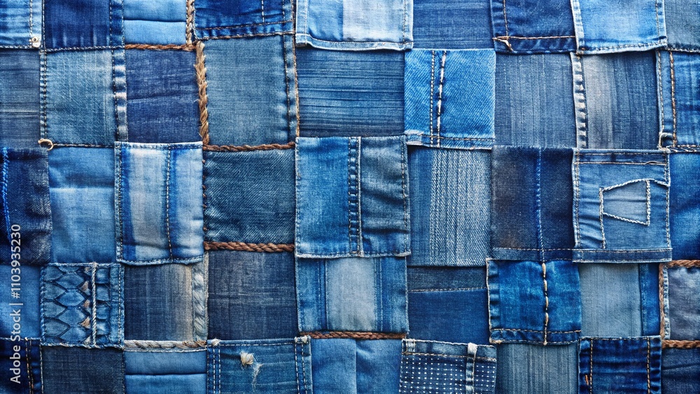 Poster vibrant patchwork denim textures pattern background for fashion and design projects with ample copy 