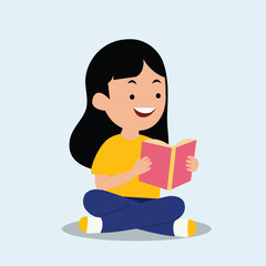 Happy smile cute little girl reading book and sitting on the floor Cartoon illustration