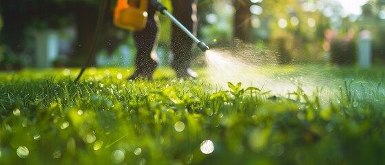 Pest Control: Worker Applying Pesticide to Vibrant Green Lawn
